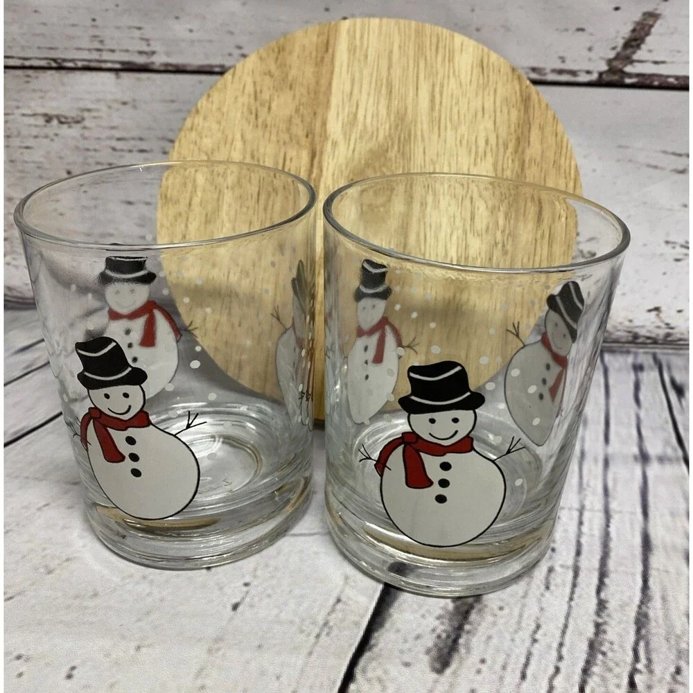 Pasabahce Vintage Christmas Snowmen Glasses Lowball Tumblers Bar Set of 2
